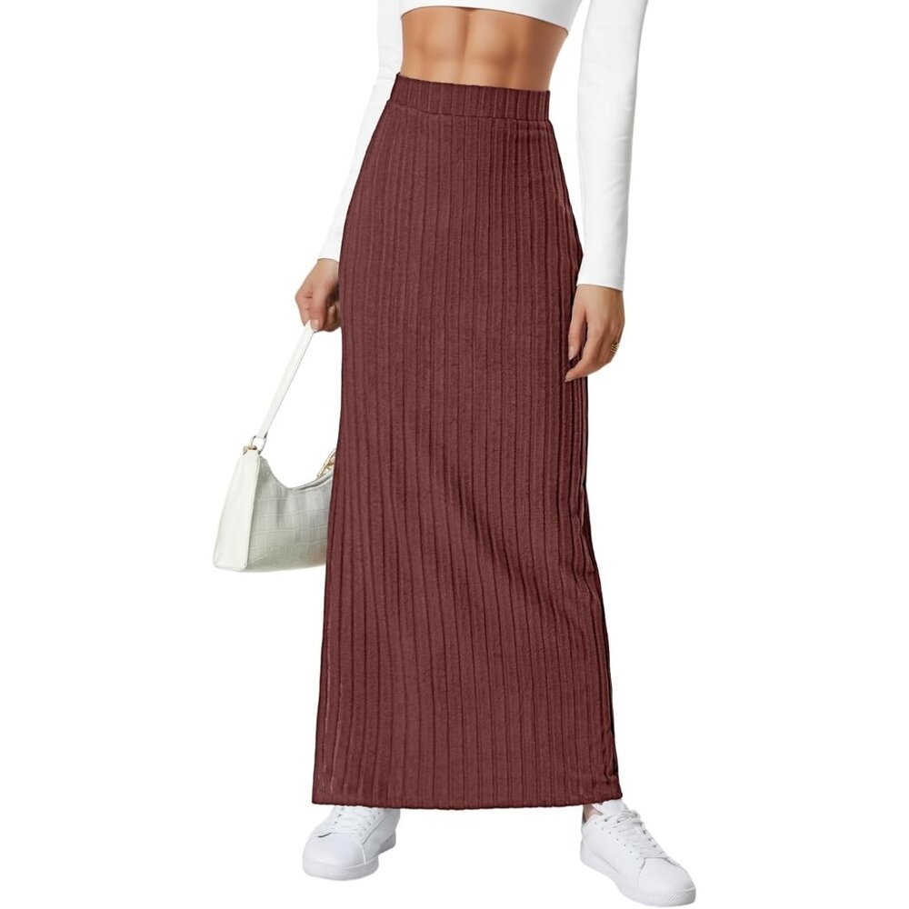 Women's Brown Ribbed Knit Pencil Side Slit High Waisted Bodycon Long Midi Skirt - Picture 4 of 5